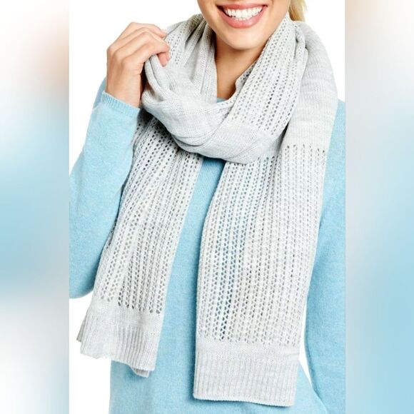 DKNY Women's Scarves Logo Open-Knit Blocked Scarf Heather Gray One Size - Picture 1 of 4